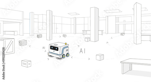 An autonomous delivery robot navigates a minimalist, futuristic warehouse, showcasing advanced artificial intelligence and automation in a clean, modern environment.