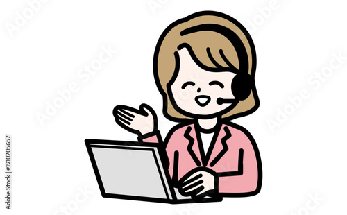 PC画面を指差してオンラインで優しく説明する女性事務員。Web会議やカスタマーサポートの素材。