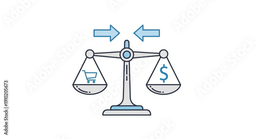 Balancing shopping cart and dollar sign on scales with double sided arrow symbolizing cost versus value in commerce and finance
