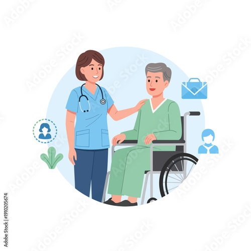 Nurse assisting senior man in wheelchair with caring support