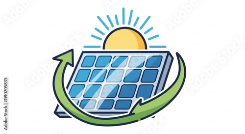 Renewable energy concept with solar panel and green recycling arrow around sun