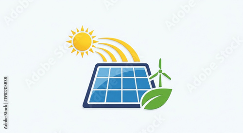 Renewable energy sources concept with solar panel wind turbine and green leaf under sunny sky