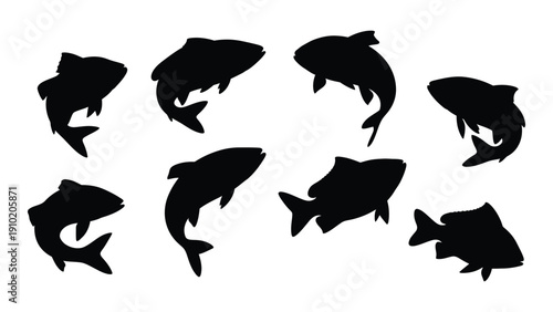 A collection of nine distinct black silhouette fish designs in various poses. isolated on white background, Vector
