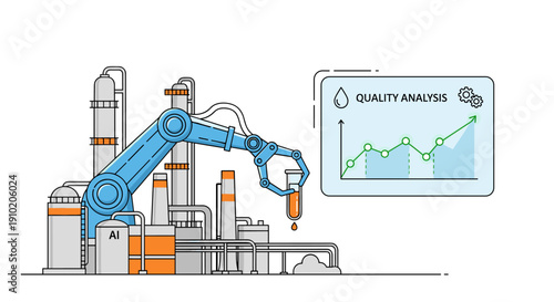 Automated robotic arm performing quality analysis in a modern industrial factory setting, illustrating advanced manufacturing processes and technological innovation.