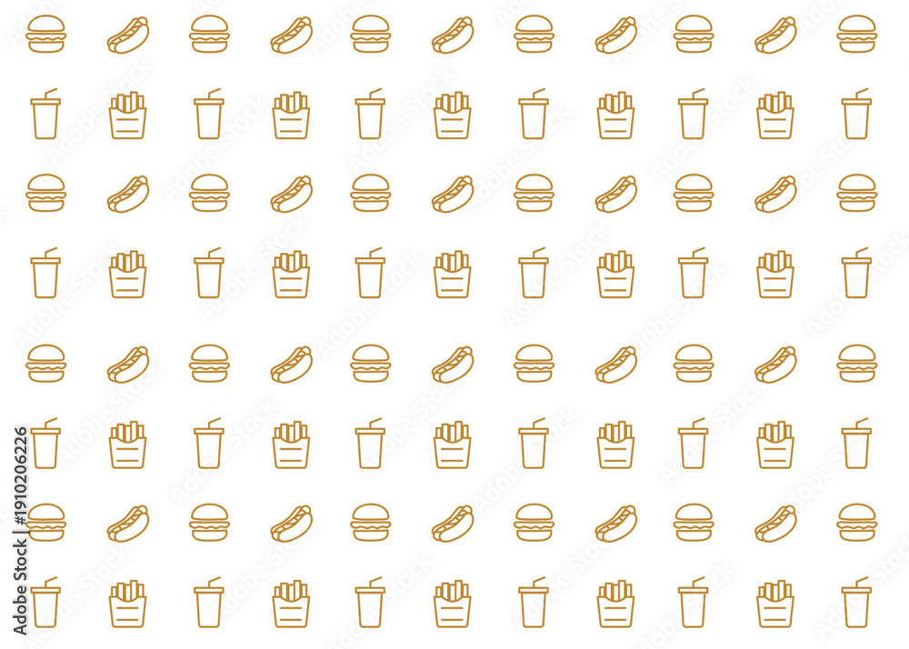 Obraz premium Fast-food illustration pattern with brown outline and white background, food packaging, menu illustration 