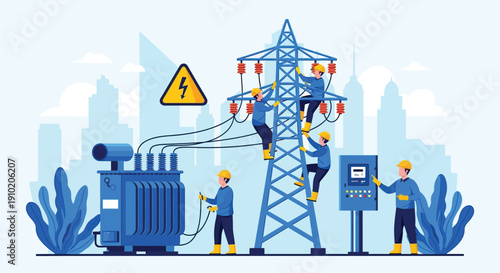 Illustration of workers in hard hats working on a blue electricity pylon and transformer against city skyline. Caution sign with lightning bolt.