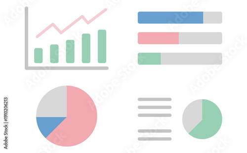 棒グラフと円グラフを表示した業務データ分析画面のセットイラスト