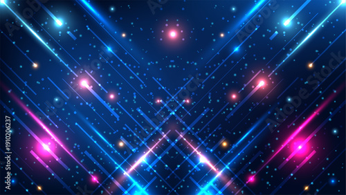 Futuristic technology background with glowing blue and pink neon lines intersecting in digital space for cyberpunk and data designs