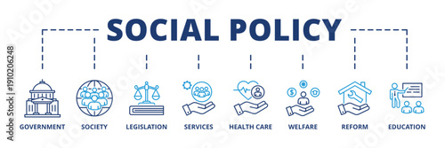 Social policy banner web icon vector illustration concept with icon of government, society, legislation, services, health care, welfare, reform, education