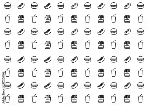 Fast-food illustration pattern with black outline and white background, food packaging, menu illustration	