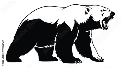 A black and white illustration of a polar bear with an open mouth. isolated on white background, Vector
