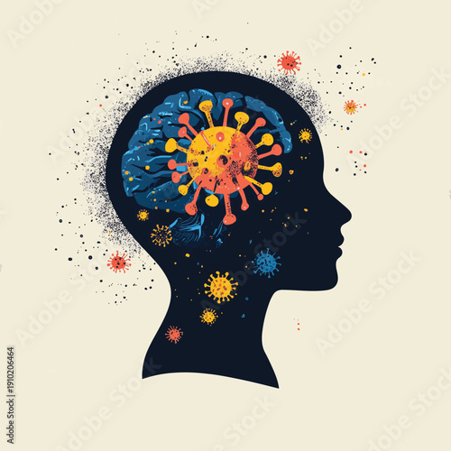 New ideas to fight the virus. Brain fog. COVID-19 damages brain. COVID-19 can affect the brain. , vector style simple color
