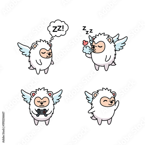 Cute cartoon sheep with wings sleeping and waking up with happy expression