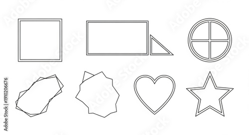 Collection of abstract geometric shapes and symbols outlined in black.