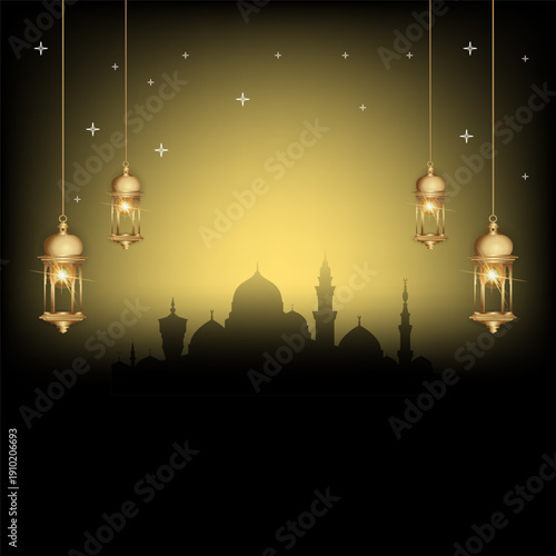 Mosque in the night decorated with traditional lanterns