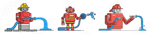 A collection of three distinct cartoon robots, each depicted as a firefighter holding a water hose, illustrating readiness and service.