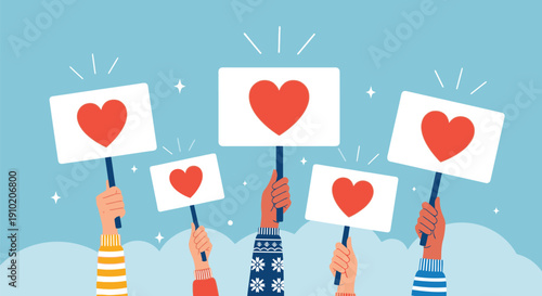Illustration of diverse hands holding signs with red hearts against a light blue sky. The image conveys unity, support, and love.