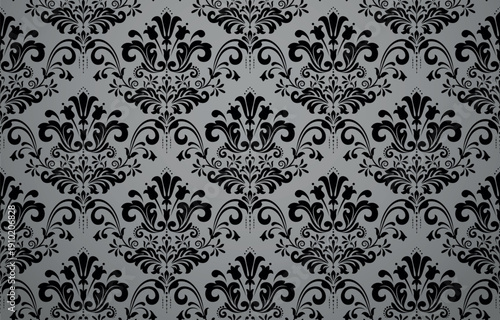 Wallpaper in the style of Baroque. Gray and black floral ornament. Seamless vector background. Graphic pattern for fabric, wallpaper, packaging. Ornate Damask flower illustration