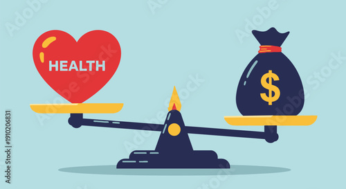 Illustration of a balance scale with a red heart labeled "Health" on the left and a black money bag with a dollar sign on the right, highlighting the health versus wealth concept.