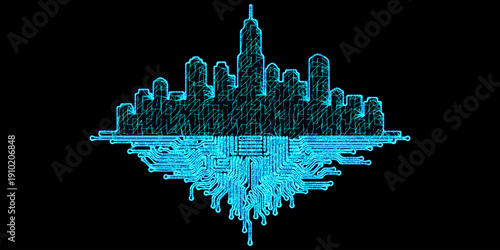 Smart City Infrastructure Concept with Urban Skyline and Motherboard Circuitry in Digital Mesh Wireframe Style