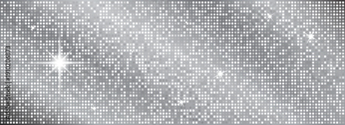 Silver disco ball seamless pattern featuring mirror mosaic tiles. Glittering sequin texture with sparkle effects ideal for glamorous party backdrops, retro club designs, and festive ball decorations.