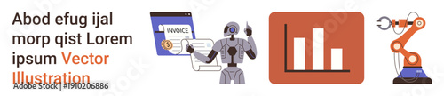 AI integration, automation systems, robotics, payment processing, data visualization, financial tech. Robot interacting with invoice, bar chart robotic arm. AI integration and automation systems