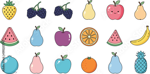 A vibrant collection of cute cartoon fruits including strawberries blackberries pears apples oranges watermelon and bananas