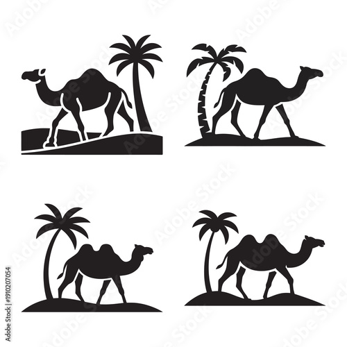 Four black silhouettes of camels walking past palm trees, suitable for desert-themed icons or stencils.