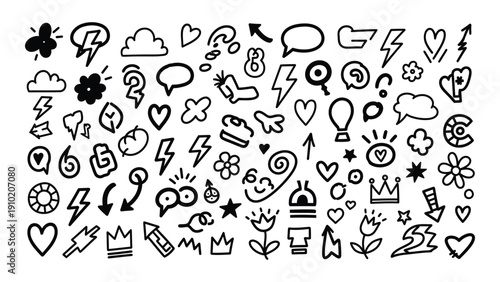 A diverse collection of intricate and unique doodle designs in black and white isolated on white background, Vector