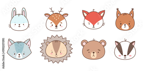 Set of cute forest animals fox hare bear wolf hedgehog badger deer squirrel. Animal head in kawaii style. Isolated vector illustration. Drawings for children.