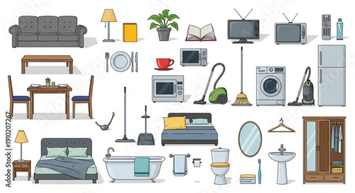 A comprehensive collection of diverse household items and furniture pieces.
