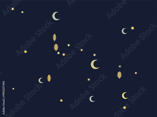 Eid and Ramadan themed illustration featuring golden crescent moons and stars on a dark blue textured background