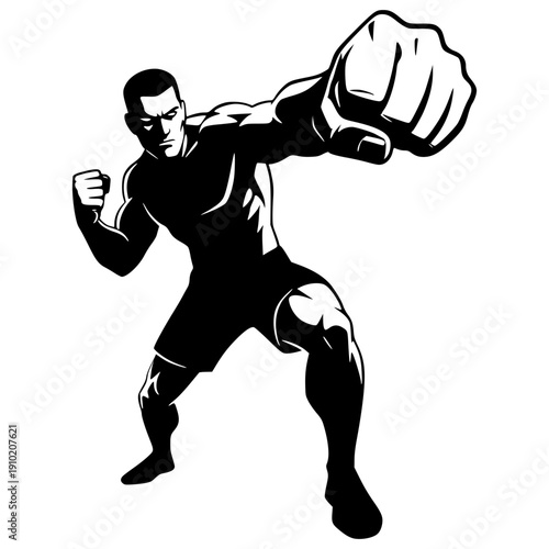 black vector illustration of a male fighter delivering a knockout punch. The dynamic action pose features strong shadows, athletic muscular definition, and a dramatic forced-perspective fist.