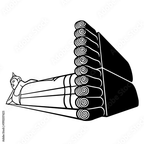 a Reclining Buddha statue. This line art features a stylized perspective from the feet of the Buddha, showcasing the iconic spiral patterns on the soles and toes, leading towards the peaceful face