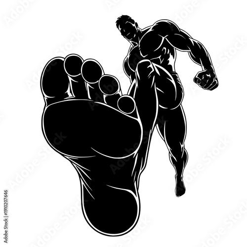 Dramatic high-angle graphic illustration of a muscular male fighter delivering a powerful straight punch. This high-contrast black silhouette uses forced perspective to emphasize a large.