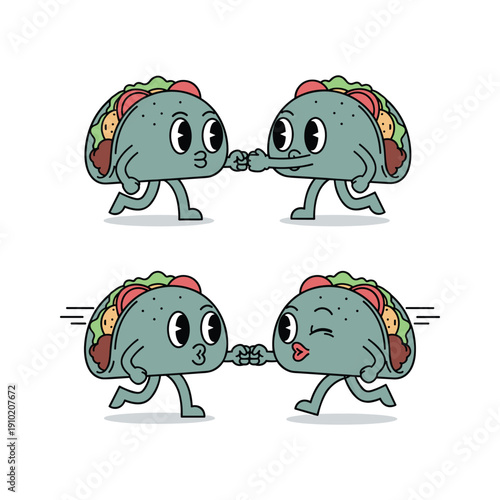 Cartoon tacos kissing and showing affection in a playful and humorous style