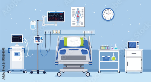 Hospital room with a bed surrounded by medical equipment like monitors and IV stand. A clock shows 10:10 on the wall. Calm and clinical ambiance.