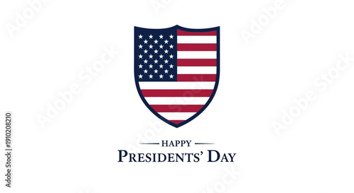 A patriotic illustration of a shield with the American flag design and 'Happy Presidents' Day' text on a white background, symbolizing Federal Holiday and Washington's Birthday celebrations.