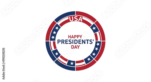 A patriotic circular graphic celebrating Presidents' Day in the USA with a red, white, and blue color scheme on a white background.