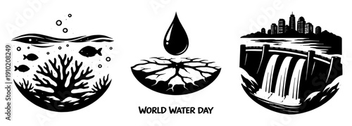 世界水の日をテーマにした海洋保全と水資源管理のモノクロイラストセット、World Water Day Monochrome Illustration Set on Marine Protection and Water Resource Management