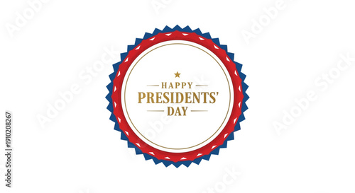 A patriotic seal icon with 'Happy Presidents' Day' text on a white background, symbolizing Federal Holiday and American patriotism with red, white, and blue colors.