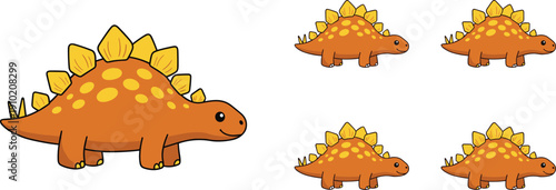 Adorable cartoon stegosaurus dinosaurs in orange and yellow with playful spots and plates, arranged in a group and individually on a white background