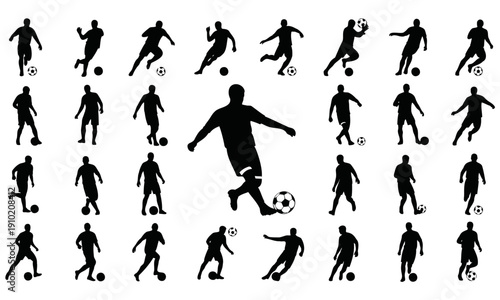 Set of Soccer Player Silhouettes with Various Football Action Poses