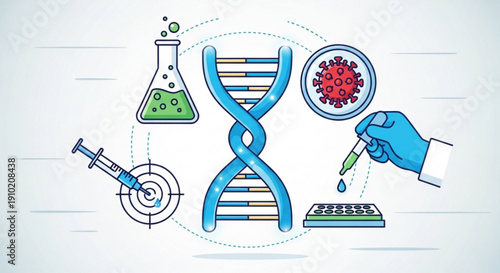 Medical research illustration with dna virus syringe and lab equipment on a white background