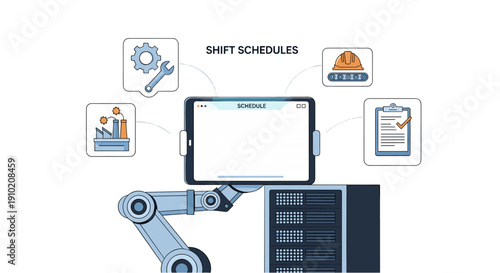 Modern robotic arm holding a tablet displaying shift schedules, surrounded by industrial icons representing automation and efficiency in the workplace.