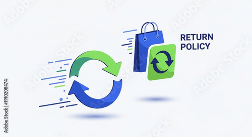 Return policy concept with shopping bag and circular arrows for e commerce refund and exchange process