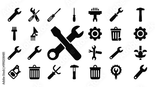 A collection of various tools and equipment icons in a black and white theme isolated on white background, Vector