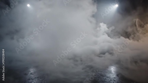 Thick white smoke or fog billows across a dark stage floor with bright
