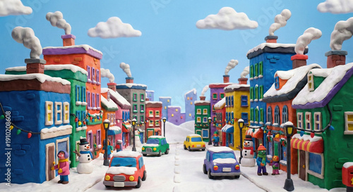 Claymation winter town street with cars and snowmen