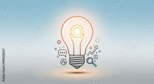 Glowing light bulb with gear and icons representing creative ideas and innovation on a blue background